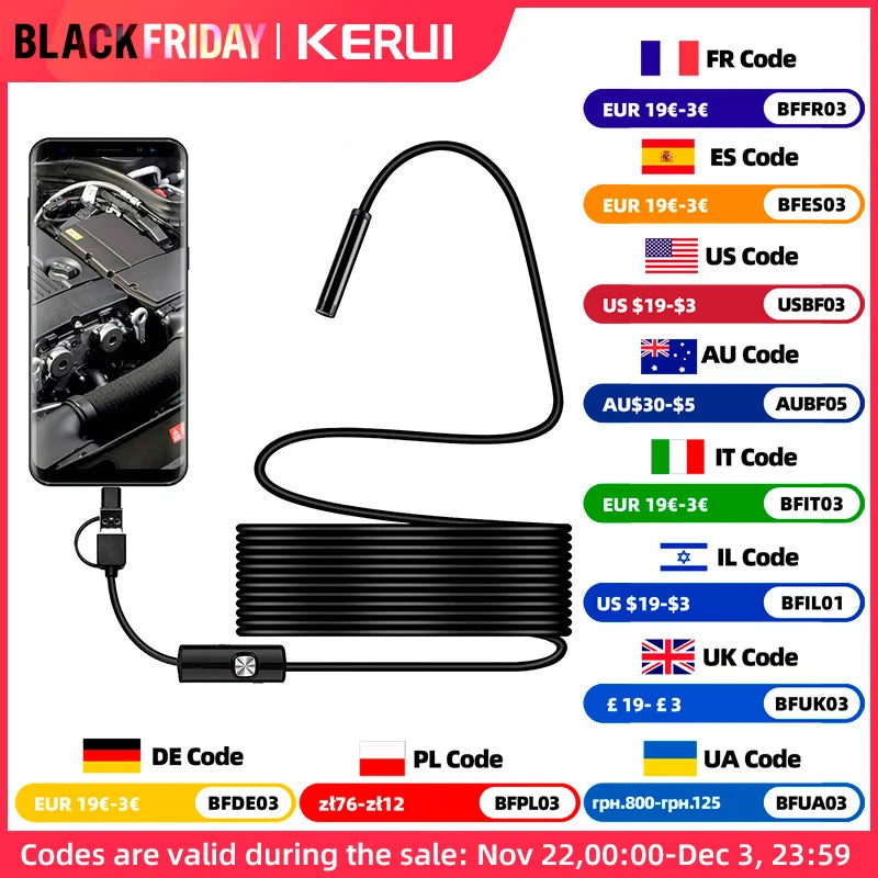 Câmera Endoscópica Android 7MM 3 em 1 Micro USB Tipo C Borescope Mini Câmera à Prova d'Água LED Inspeção de Carro Para HUAWEI XIAOMI PC