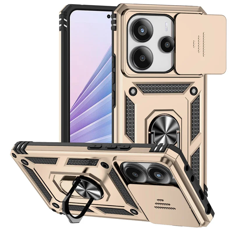 Capa de Proteção Anti-Impacto Tipo Armadura para Xiaomi Redmi Note 14 4G com Suporte Magnético para Carro e Anel para o Dedo.