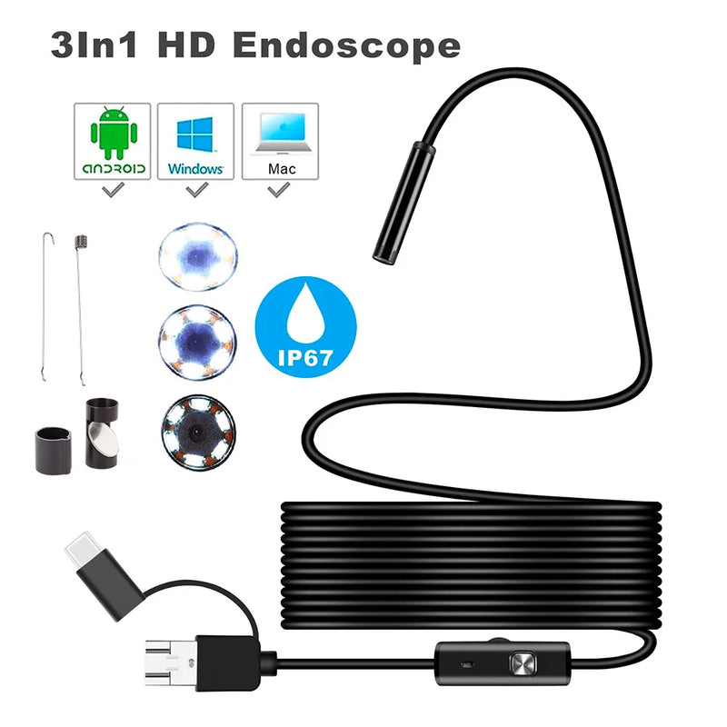 Câmera Endoscópica Android 7MM 3 em 1 Micro USB Tipo C Borescope Mini Câmera à Prova d'Água LED Inspeção de Carro Para HUAWEI XIAOMI PC