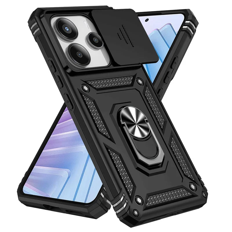 Capa de Proteção Anti-Impacto Tipo Armadura para Xiaomi Redmi Note 14 4G com Suporte Magnético para Carro e Anel para o Dedo.