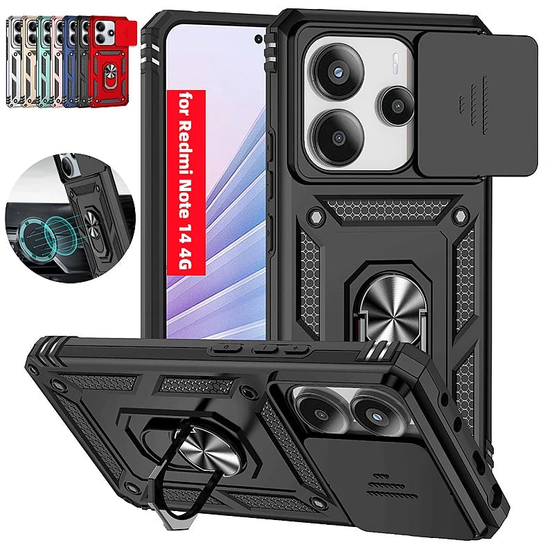 Capa de Proteção Anti-Impacto Tipo Armadura para Xiaomi Redmi Note 14 4G com Suporte Magnético para Carro e Anel para o Dedo.