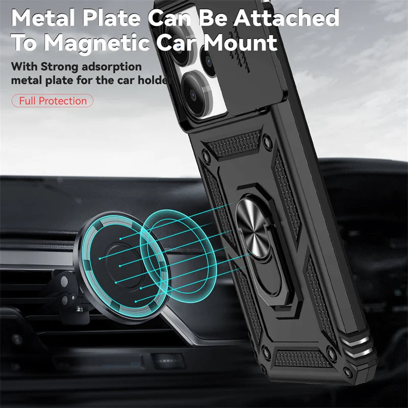 Capa de Proteção Anti-Impacto Tipo Armadura para Xiaomi Redmi Note 14 4G com Suporte Magnético para Carro e Anel para o Dedo.