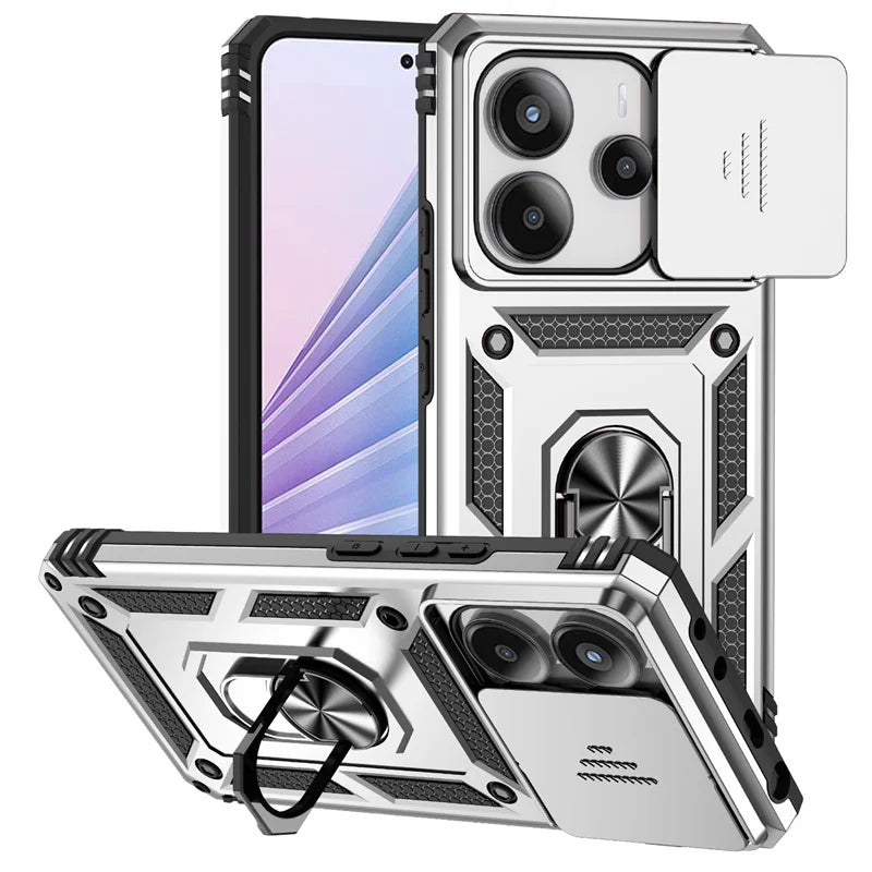 Capa de Proteção Anti-Impacto Tipo Armadura para Xiaomi Redmi Note 14 4G com Suporte Magnético para Carro e Anel para o Dedo.