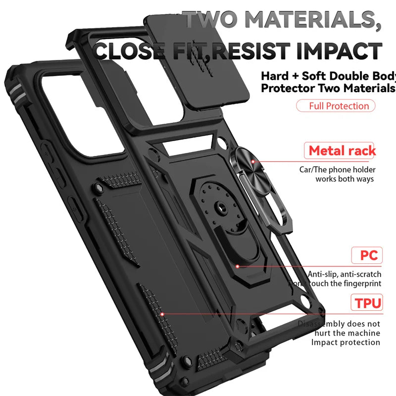 Capa de Proteção Anti-Impacto Tipo Armadura para Xiaomi Redmi Note 14 4G com Suporte Magnético para Carro e Anel para o Dedo.