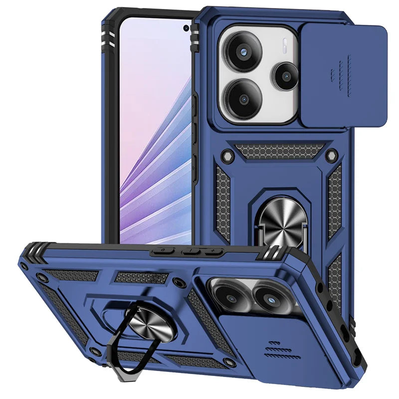 Capa de Proteção Anti-Impacto Tipo Armadura para Xiaomi Redmi Note 14 4G com Suporte Magnético para Carro e Anel para o Dedo.