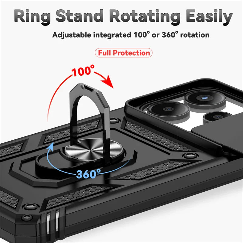Capa de Proteção Anti-Impacto Tipo Armadura para Xiaomi Redmi Note 14 4G com Suporte Magnético para Carro e Anel para o Dedo.