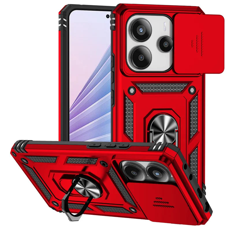 Capa de Proteção Anti-Impacto Tipo Armadura para Xiaomi Redmi Note 14 4G com Suporte Magnético para Carro e Anel para o Dedo.