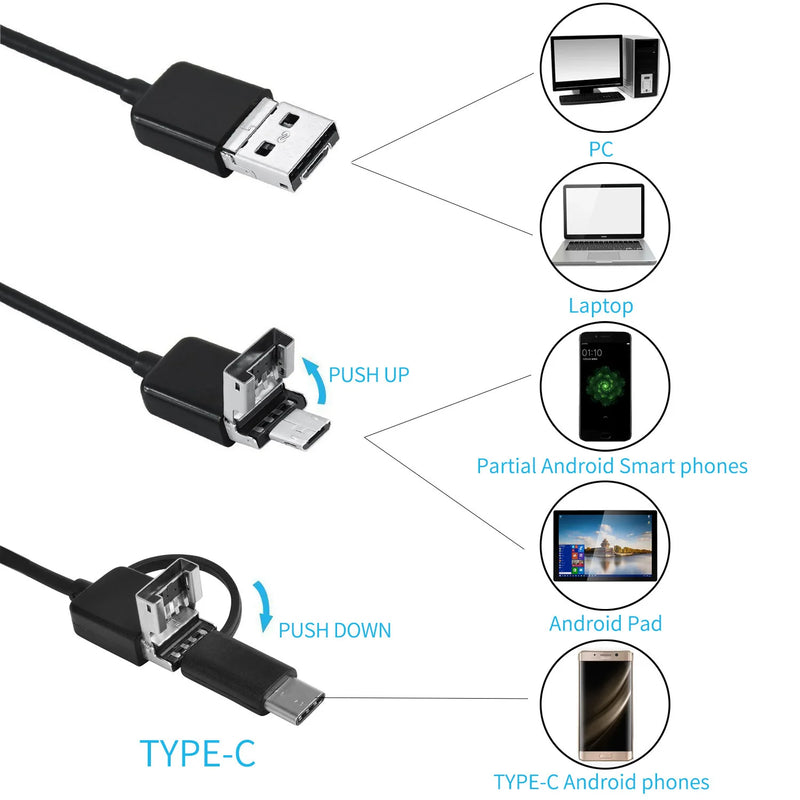 Câmera Endoscópica Android 7MM 3 em 1 Micro USB Tipo C Borescope Mini Câmera à Prova d'Água LED Inspeção de Carro Para HUAWEI XIAOMI PC