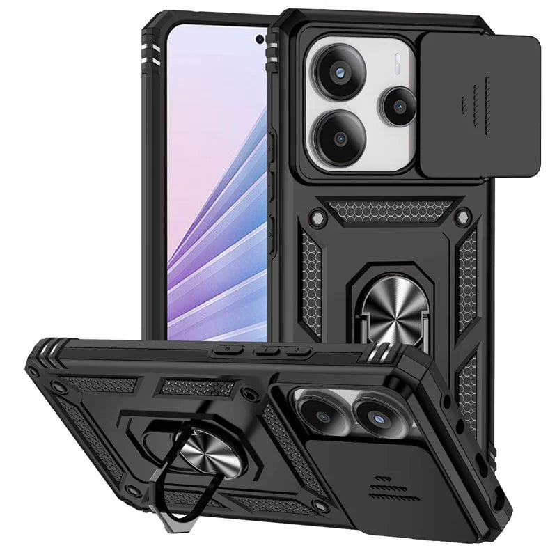 Capa de Proteção Anti-Impacto Tipo Armadura para Xiaomi Redmi Note 14 4G com Suporte Magnético para Carro e Anel para o Dedo.