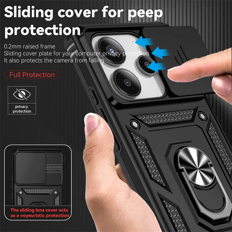 Capa de Proteção Anti-Impacto Tipo Armadura para Xiaomi Redmi Note 14 4G com Suporte Magnético para Carro e Anel para o Dedo.
