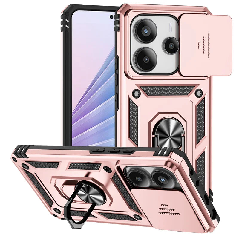 Capa de Proteção Anti-Impacto Tipo Armadura para Xiaomi Redmi Note 14 4G com Suporte Magnético para Carro e Anel para o Dedo.