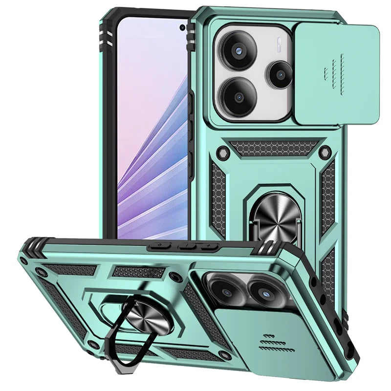 Capa de Proteção Anti-Impacto Tipo Armadura para Xiaomi Redmi Note 14 4G com Suporte Magnético para Carro e Anel para o Dedo.